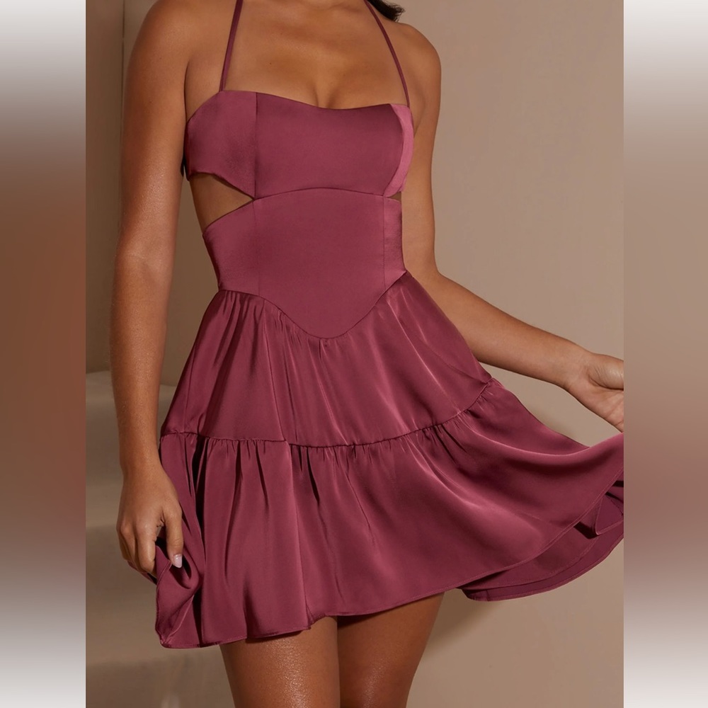 Halter Neck Cut Out Mini Dress in Dark Mauve